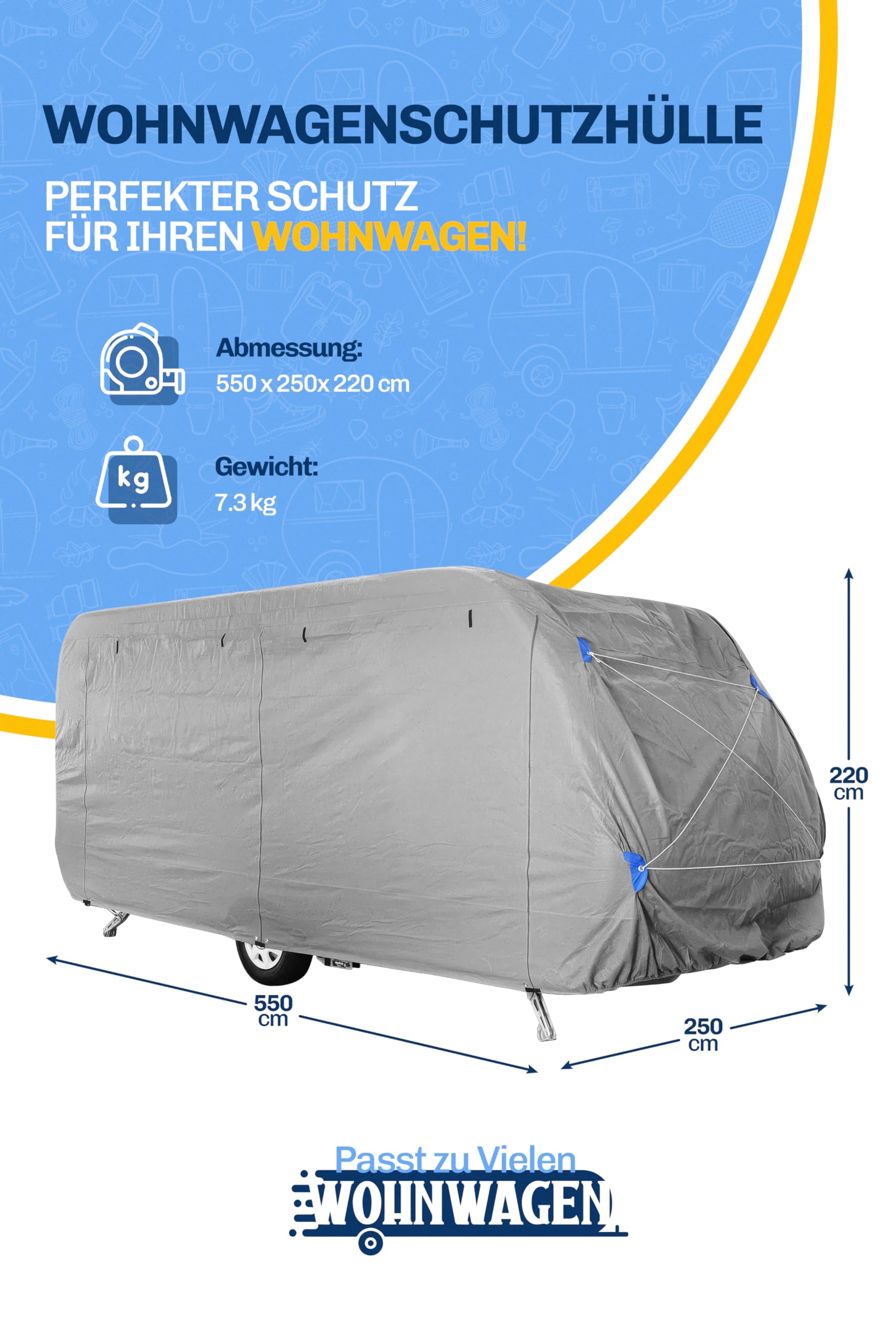 Wohnwagen Schutzhülle – Premium Abdeckplane für Wohnmobil und Wohnwagen – Camping Zubehör, UV- und Witterungsschutz – Wohnwagen Zubehör, Gr. M 550x250x220 cm, 165g/m²