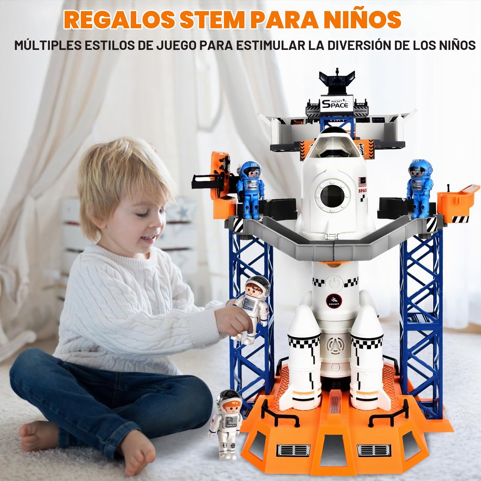 Herenear Cohete Espacial Juguete, Cohete Juguete para Niños- con Plataforma de Lanzamiento, Astronautas y Proyectores - Construye y Juega - Ejecución De La Misión A La Luna, A Partir de 6 Años