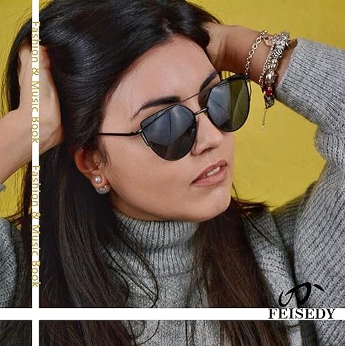 Miniatura 5 de FEISEDY UV400 B2206 Anteojos de sol con marco metálico, con lentes planas y espejadas, estilo ojos de gato, para mujer.