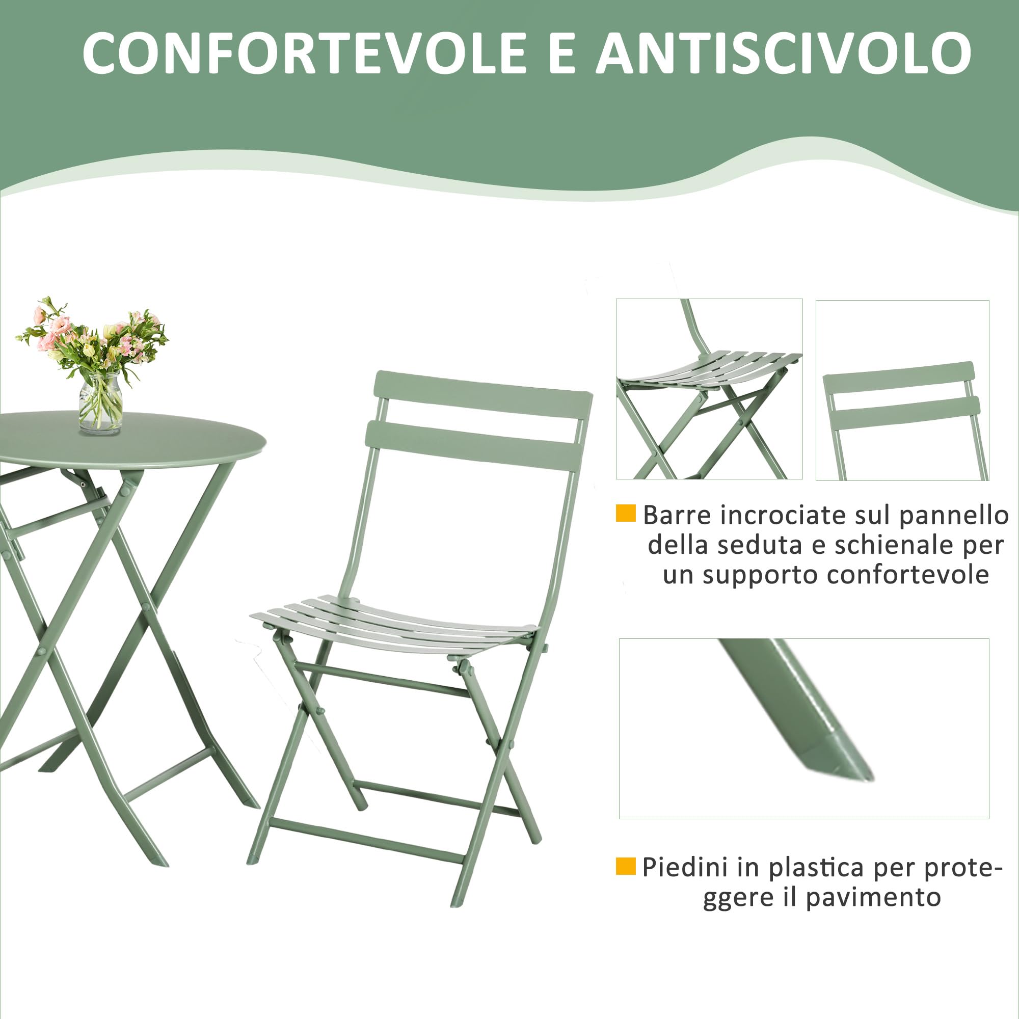 Outsunny Tavolino con Sedie da Giardino Pieghevoli in Acciaio Verde, Set 3 Pz per Balcone, Terrazzo, Esterno