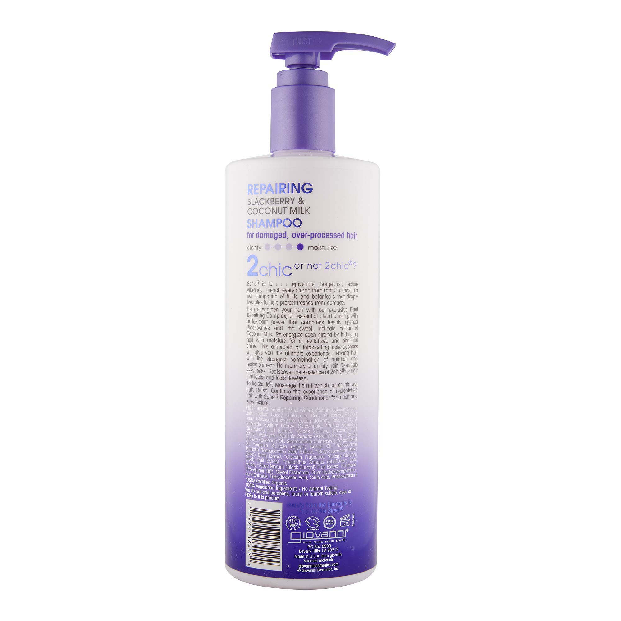 GIOVANNI 2chic szampon regenerujący, 680 ml, jeżyna i mleko kokosowe do suchych, zniszczonych i farbowanych włosów, wzbogacony o argan, masło shea, keratynę, bez siarczanów, trwały kolor, bez