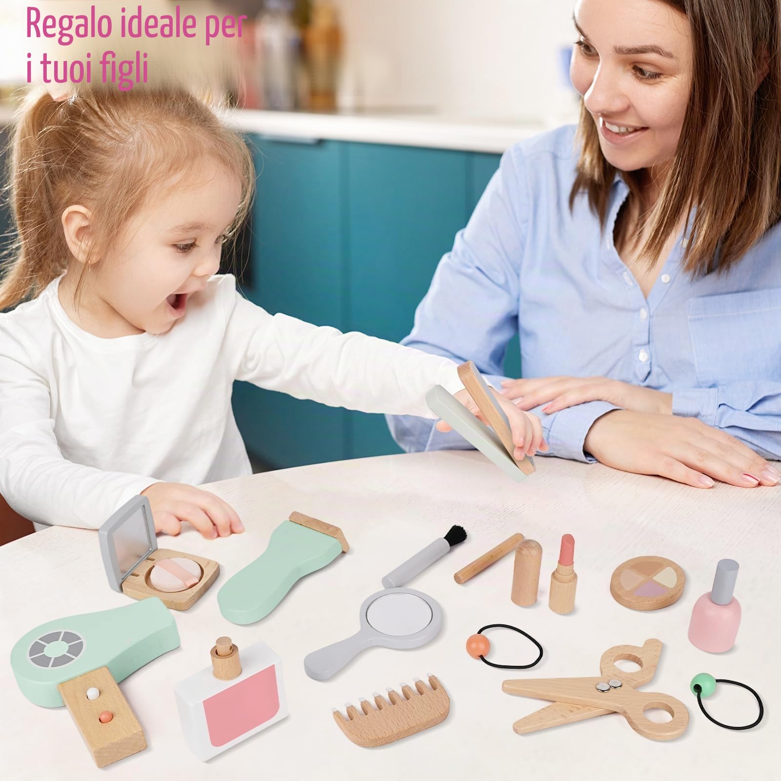 Gerbala Set Trucchi Bambina in Legno Finti, Giocattoli di Trucco in Legno, Set di Trucchi e Parrucchiere, Giochi di Ruolo, Regalo di Compleanno di Natale per 3 4 5 6 7 8 Bambina