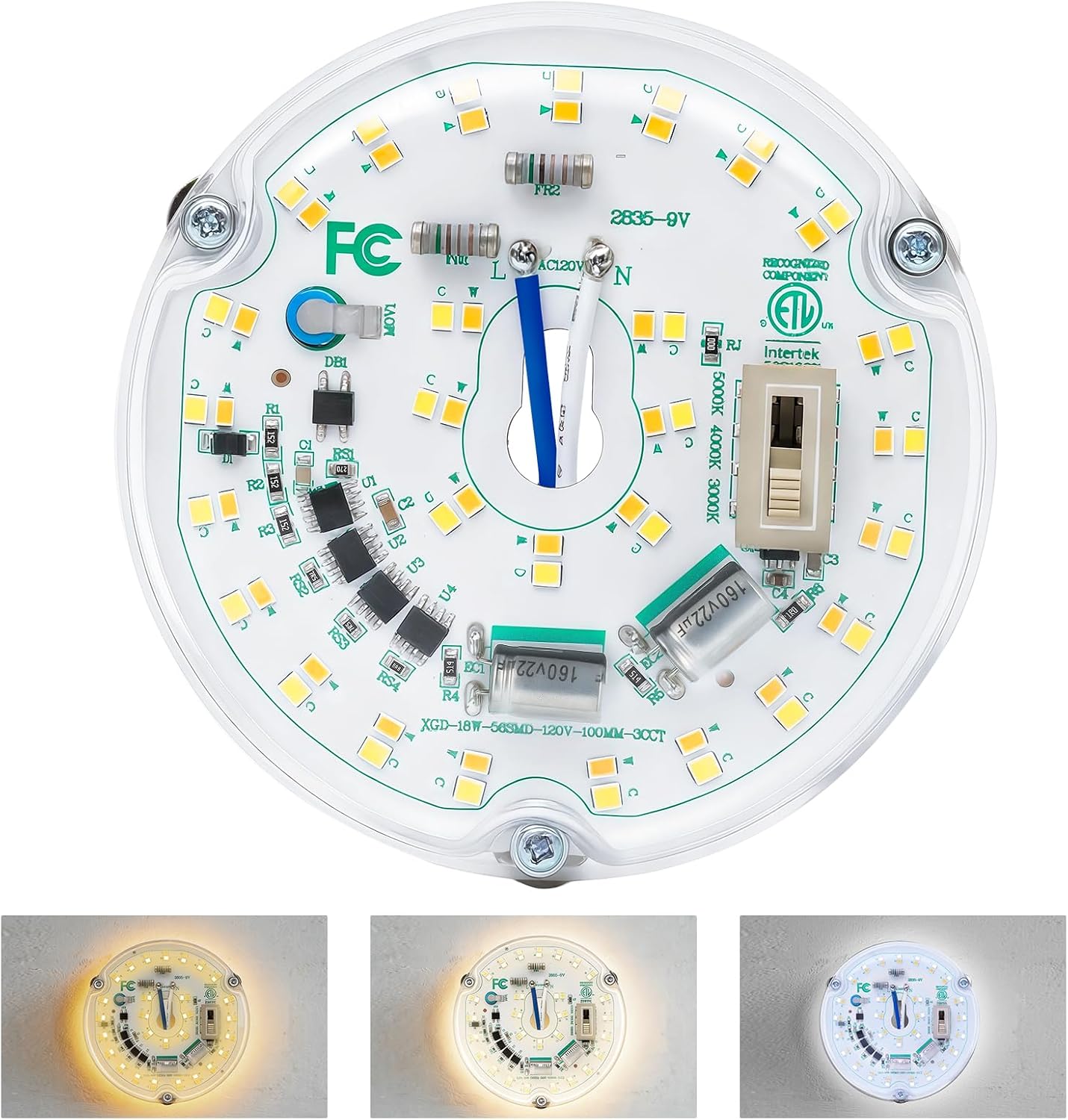 LED Ceiling Fan Light Retrofit Kit, 4 Inch, Ceiling Light Replacement kit Panel PCB Engine, 18W, 3CCT 3000K-4000k-5000K Shift by Toggle Switch 120V, ETL, 2200LM, CRI90, Dimmable