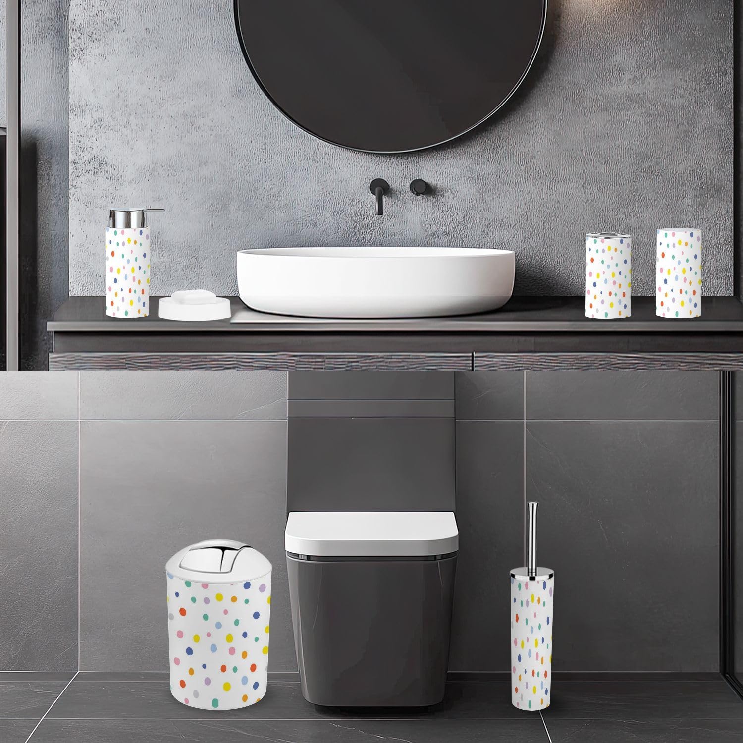 Bathroom Accessory Set 6 Piece Colourful Rainbow Polka dots Seamless Festal Confetti Toothbrush Cup Toothbrush Holder Soap Dispenser Soap Dish Trash Can with Lid Toilet Brush Holder Counter Decor