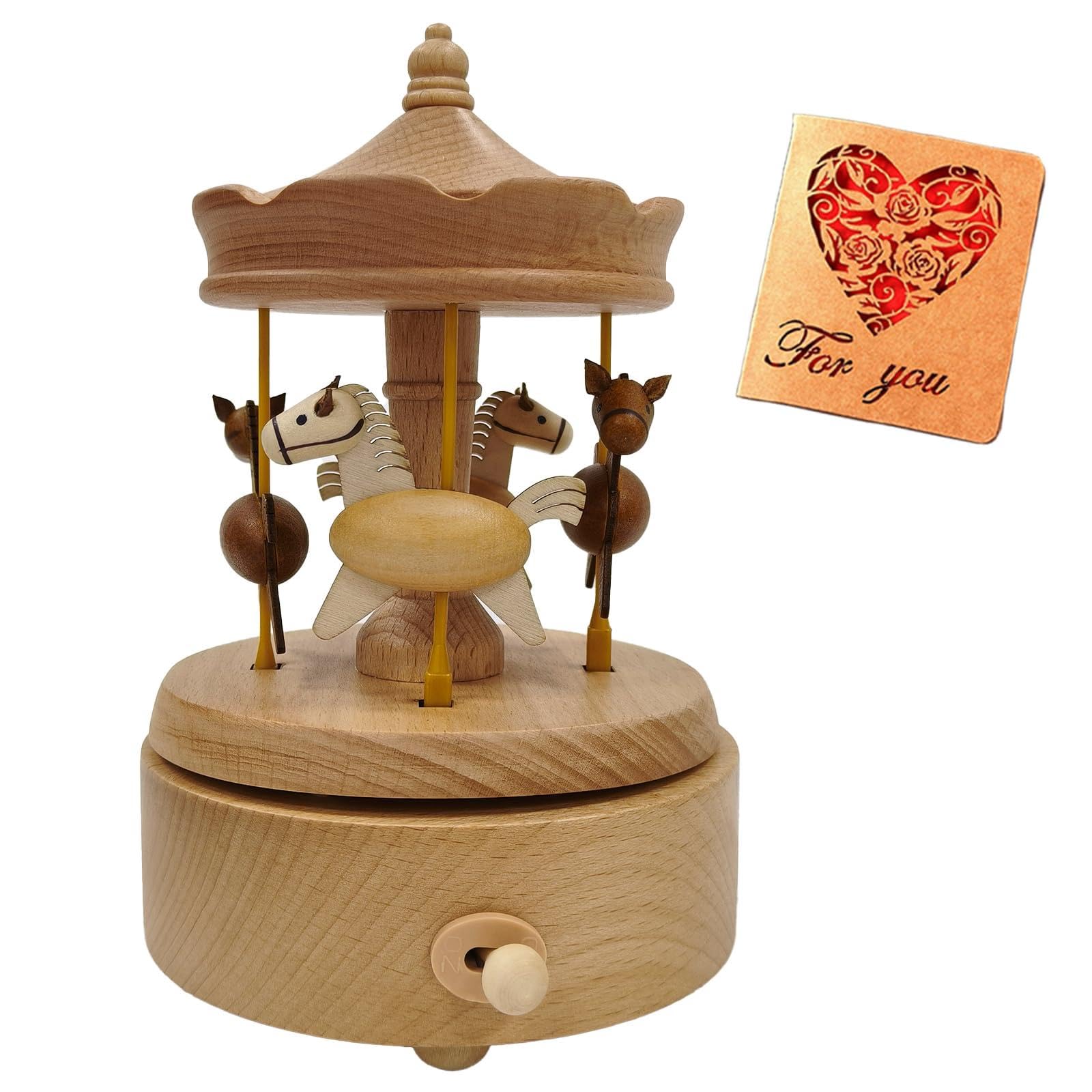 Photo 1 of Briskfeel Wooden Carousel Music Box with Moving & Elevating Horses, Rotating Wind-Up Decor, Collectible Mechanical Musical Box, Timeless Gift