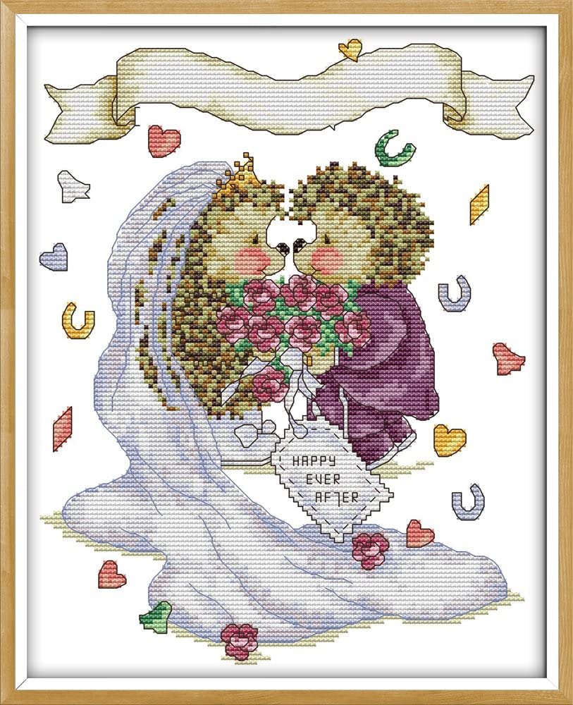 ABEUTY Cross Stitch Kits for Adults Beginners Pre Printed or NOT, Hedgehog Wedding Animal DIY 14 Count Embroidery Sewing Starter Kit Stamped or Unstamped Needlework Home Decor (Unstamped, Hedgehog)