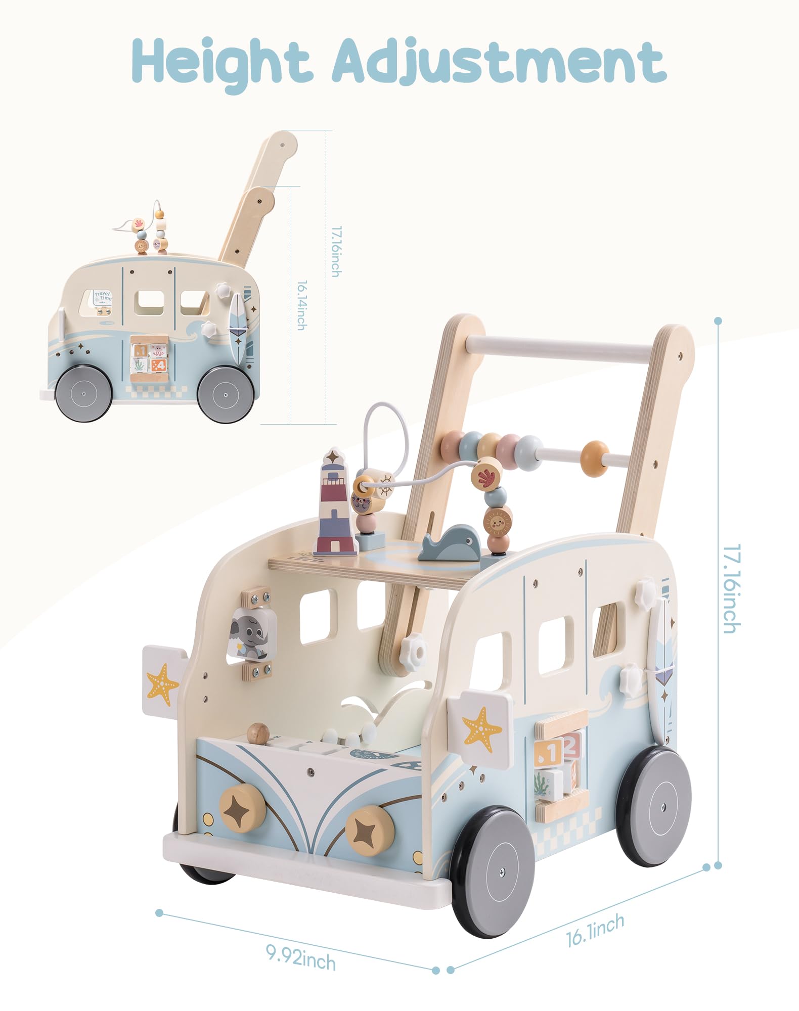 ROBOTIME Trotteur en bois pour garçons et filles, trotteur d'activité pour bébé avec look océan plage, cadeau pour nourrissons et tout-petits, pour 10 à 36 mois