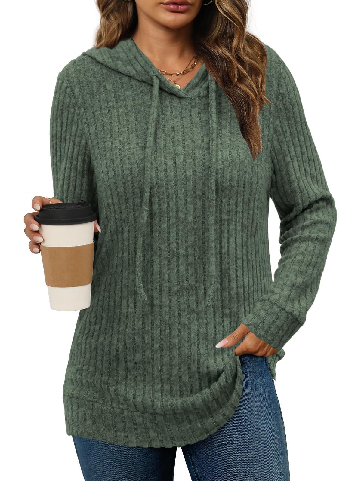 Lylinan Womens Soft Ribbed Knit Hoodie Sweaters Long Sleeve Pullover Shirts Lightweight Cozy Fall Tops