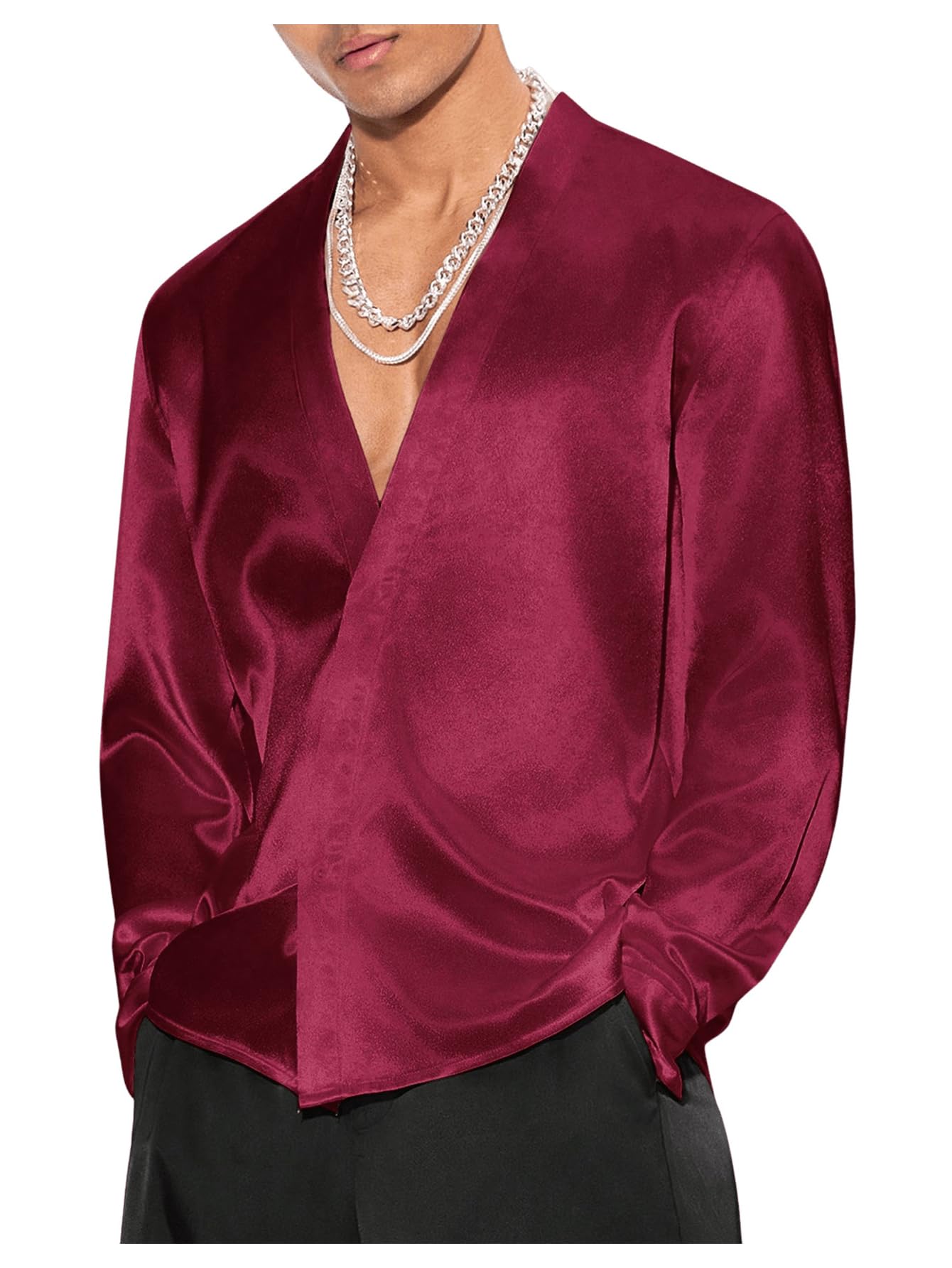 Floerns Men's Wedding Long Sleeve V Neck Shirts Shiny Satin Prom Party Club Shirts