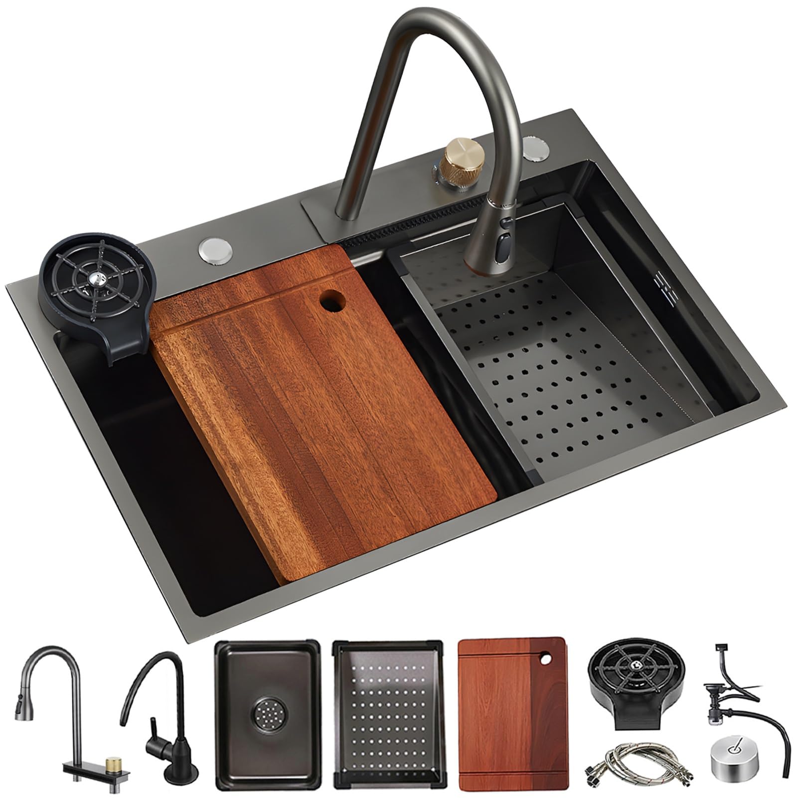 HYSOPSPX Stainless Steel Waterfall Kitchen Sink - Large Single Bowl, Multifunctional Topmount Bar with Integrated Faucet & Complete Accessories(Black-A,80x50cm)