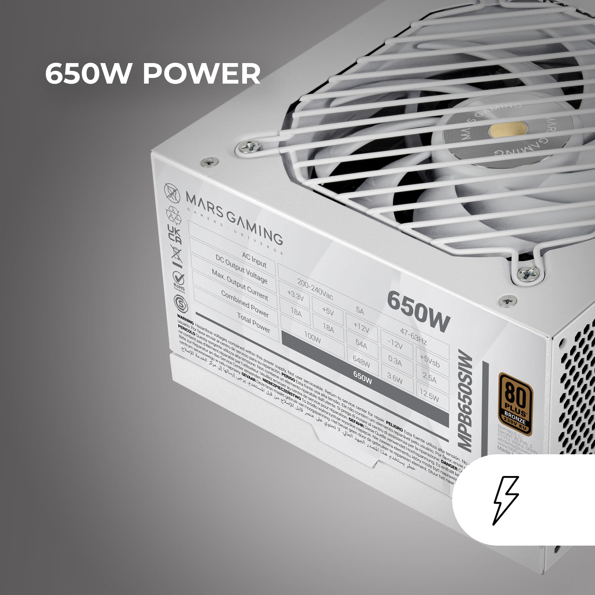 Mars Gaming MPB650SI, Zasilacz PC ATX 650W, 7 Lat Gwarancji, 80Plus Bronze 230V, 90% Wydajności, Wentylator SI Extreme Silence z Miedzianym Rdzeniem, Technologie AI2-RPM, DC-DC i SMD, Biały