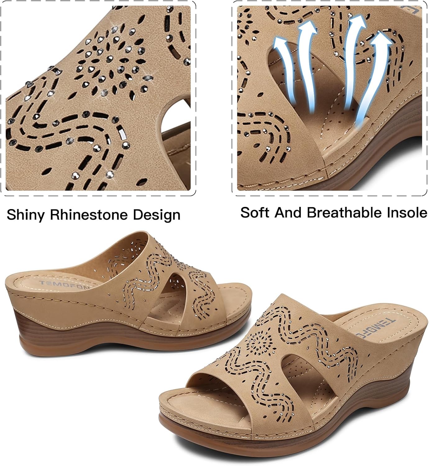 TEMOFON Women Wedge Sandals Summer: Walking Comfortable - Tan Platform Womens Casual Sandal - Dressy Sandals Wide Size 6 - Image 4