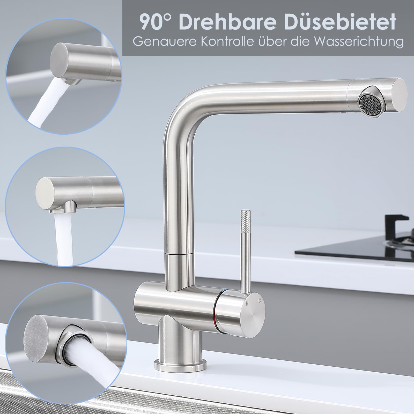 Wasserhahn Küche Edelstahl Küchenarmatur mit L-förmigem 360° Schwenkauslauf einhebelmischer küche, Drehbare Düse,wasserhahn für küche