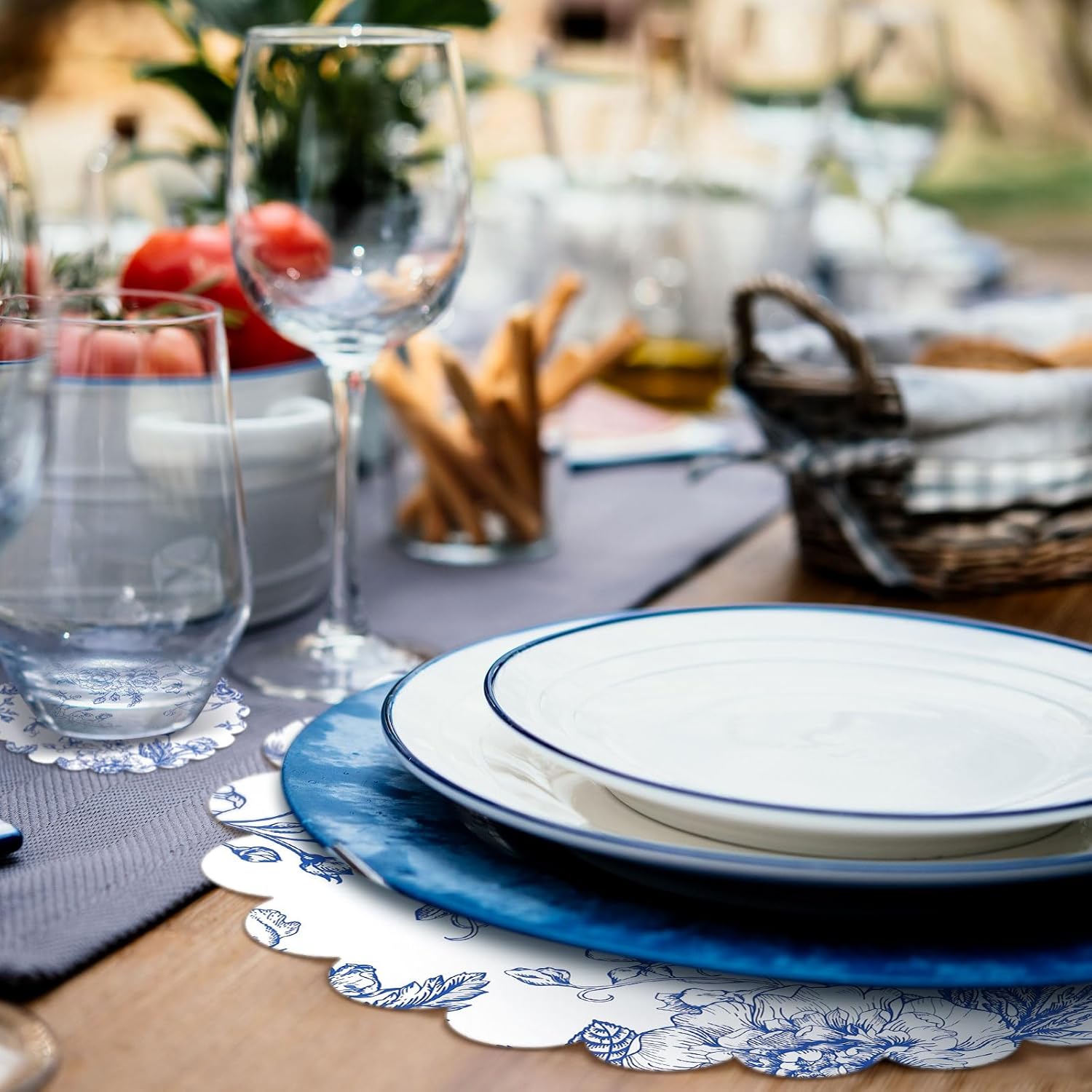 100 Pcs Vintage Blue Floral Placemats and Drinks Coasters Disposable Blue Flower Paper Place Mat Dining Table Decoration Floral Banquet Tableware Bulk for Table Setting Wedding Tea Party Decor