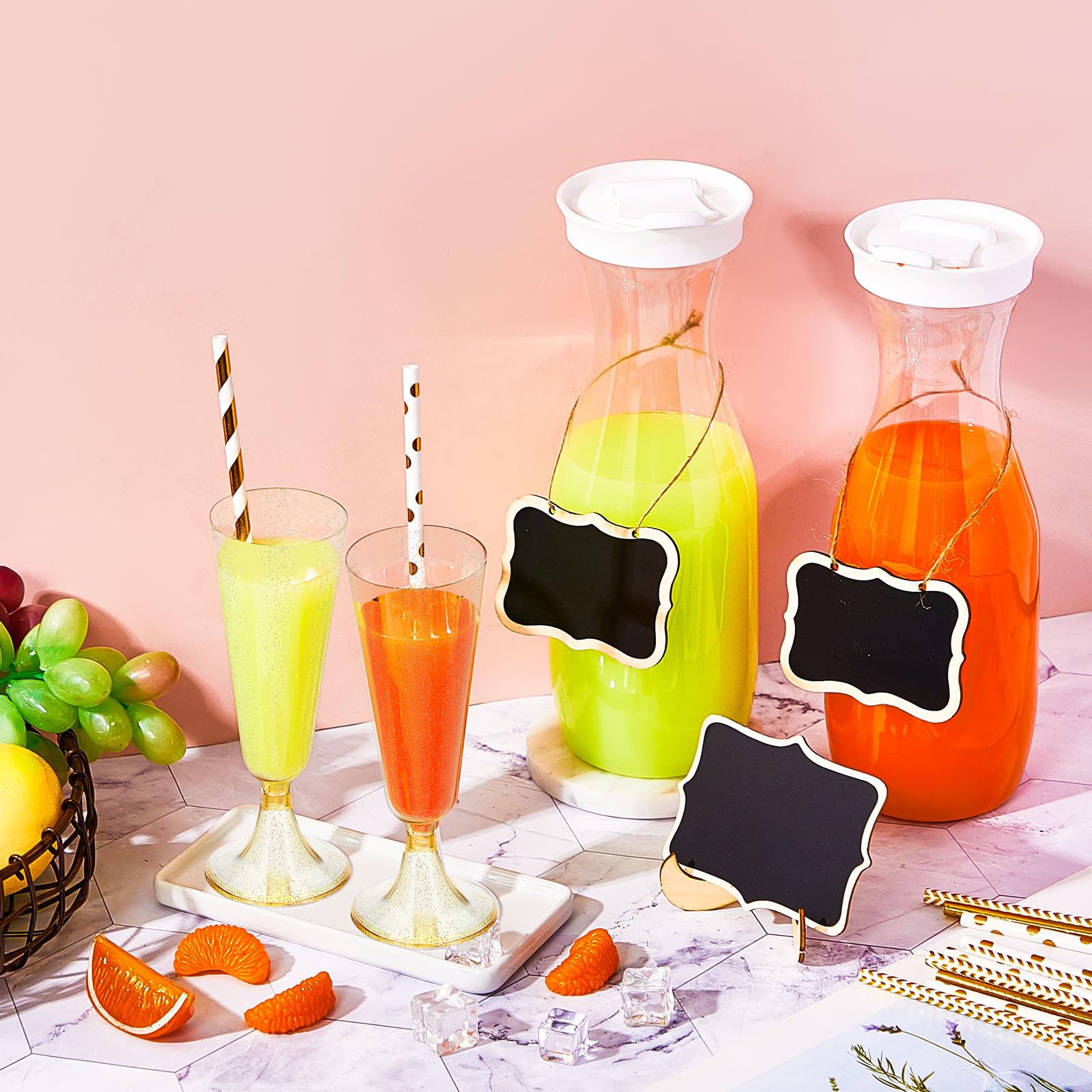 Didaey 74 Pcs Mimosa Bar Supplies 34 oz Plastic Water Carafe with Lids Juice Pitcher Carafes Plastic Champagne Flutes Mimosa Glasses with Wooden Chalkboard Tags Stickers Straws (Gold)