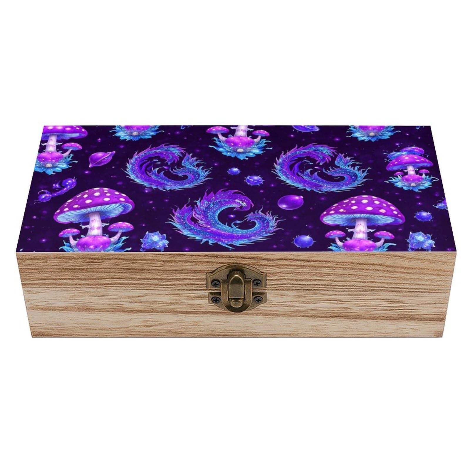 SMAZDFXX Mushrooms Dragon Wooden Storage Box With Hinged Lid Decorative Front Clasp Keepsake Boxes