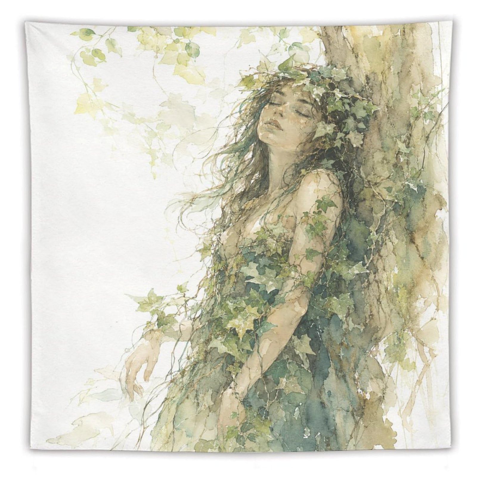 H3B8U2Y5 Green Forest Woman Wall Tapestry, Watercolor Style, Entryway