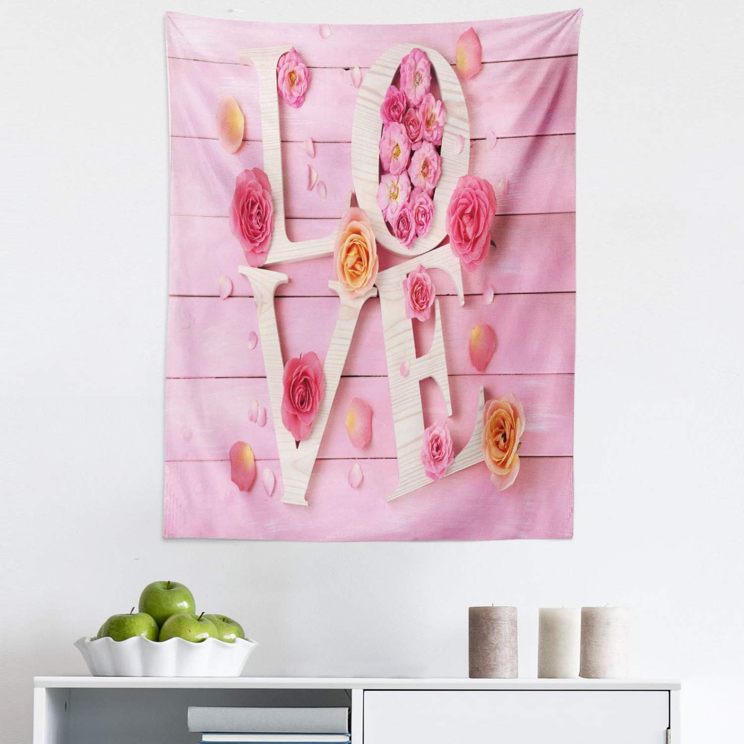 Lunarable Pale Pink Tapestry, Wooden Love Letters on Rustic Wooden Background Floral Romance Valentines Theme, Fabric Wall Hanging Decor for Bedroom Living Room Dorm, 30" X 45", Cream Peach