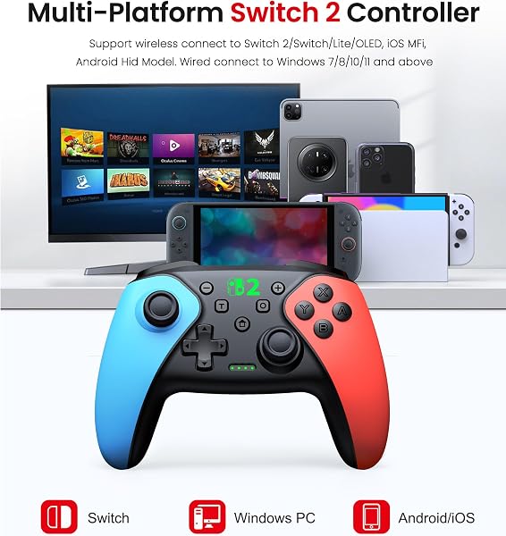 Wireless Pro Controller für Switch 2/Switch 1/Lite/OLED/Android/IOS/PC, Gamepad mit Programmierbar/6-Achsen Gyroskop/Dual Vibration/Turbo/1000mAh Akku, Ergonomisch Gestalteter Präzise Joystick - 2