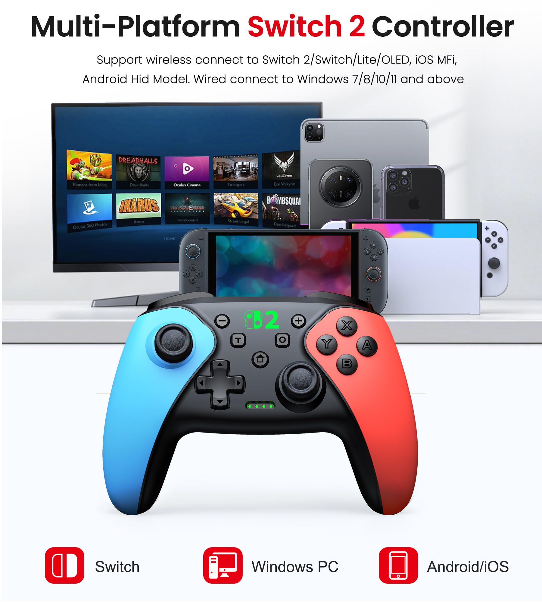 Wireless Pro Controller für Switch 2/Switch 1/Lite/OLED/Android/IOS/PC, Gamepad mit Programmierbar/6-Achsen Gyroskop/Dual Vibration/Turbo/1000mAh Akku, Ergonomisch Gestalteter Präzise Joystick - 2