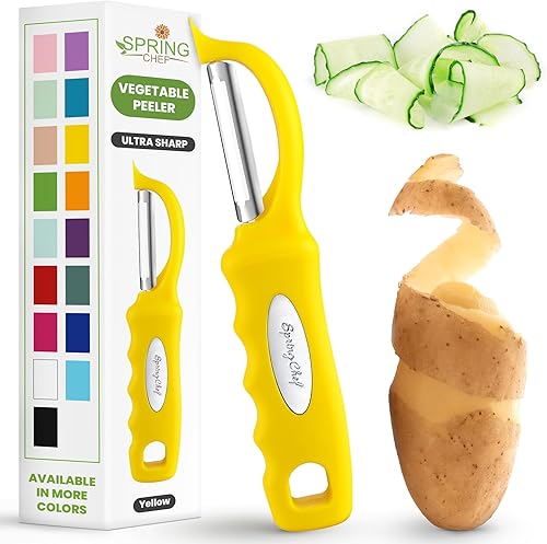 Miniatura 39 de Spring Chef Pelador de verduras giratorio profesional rojo para cocina, peladores de papas de acero inoxidable con mango de agarre suave, perfecto