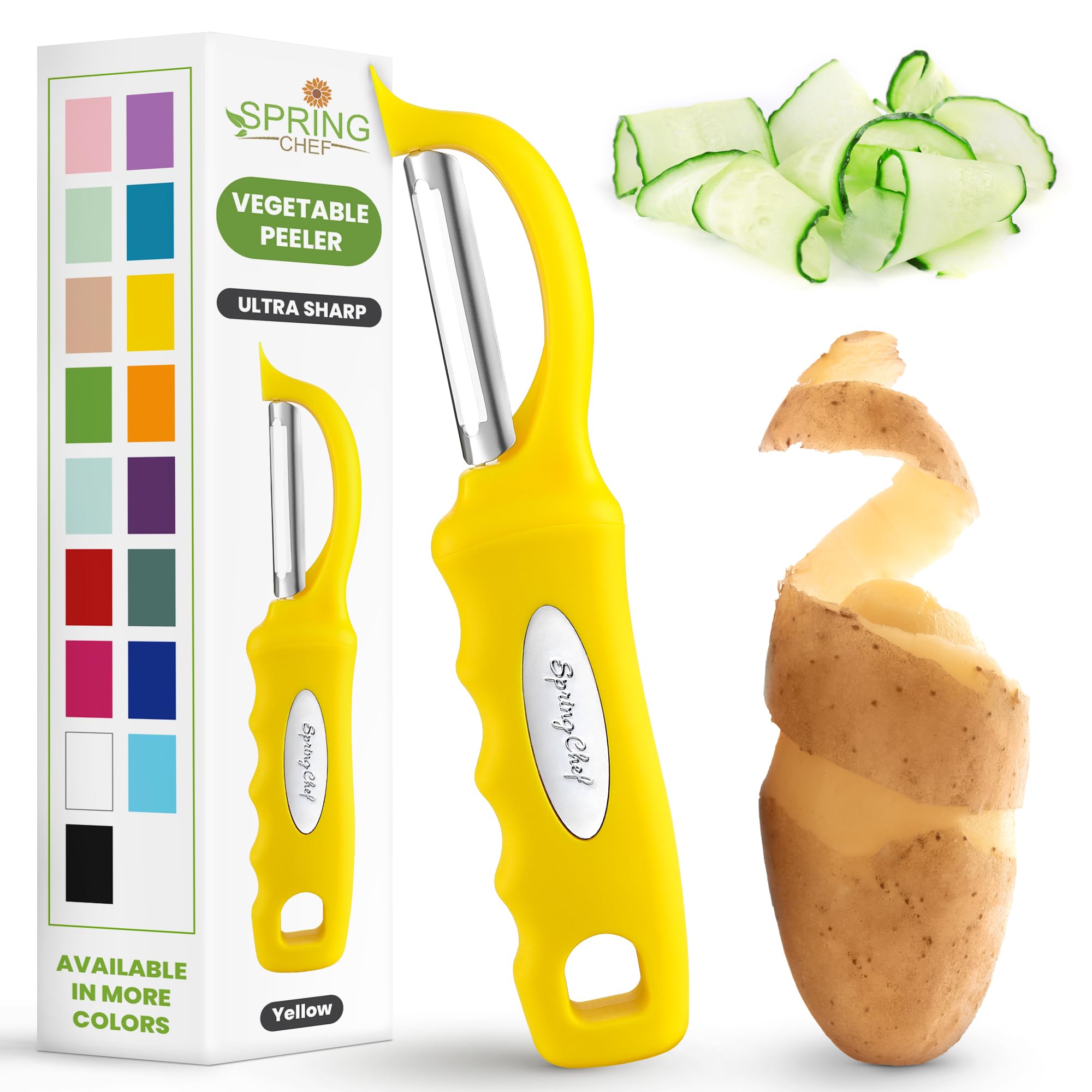 Spring Chef Premium Swivel Potato Peeler for Kitchen, Stainless Steel Fruit Peeler with Soft Grip Handle, Perfect for Vegetable, Apple, Carrot, Cucumber, Ginger - Dishwasher Safe - Yellow