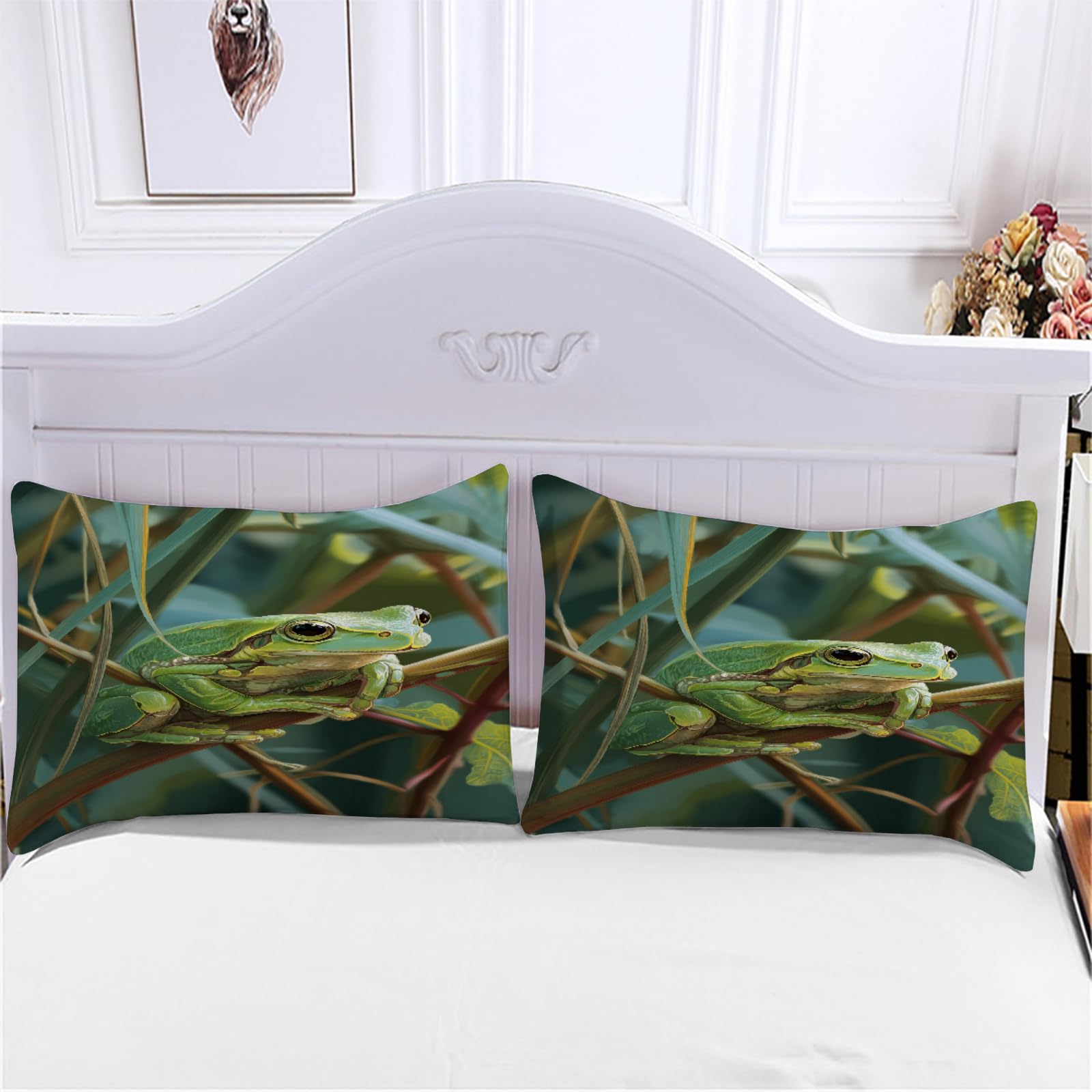 Generico Rana verde Set Copripiumino, Animale per bambini Copripiumini 220x260cm con 2 Federe, Pianta Set Letto set da letto 3 pezzi, Hobby di arredamento per la casa Copripiumini Morbido Traspirante