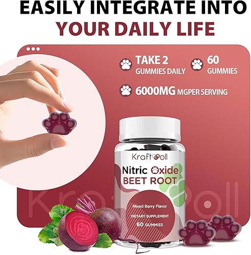 Miniatura 5 de Gomitas de raíz de remolacha de óxido nítrico con polvo de semilla de uva, polvo de granada, vitamina C y B12, sin azúcar, sabor a bayas mixtas, 60