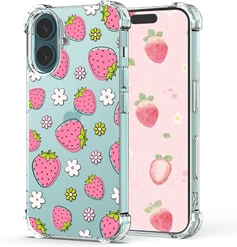 Cute Strawberry Case for iPhone 16 Pink,Soft Shockproof Protective Slim Clear Phone Cover Case Women Girls Strawberries Flowers Design Kids Cover for iPhone 16 6.1"