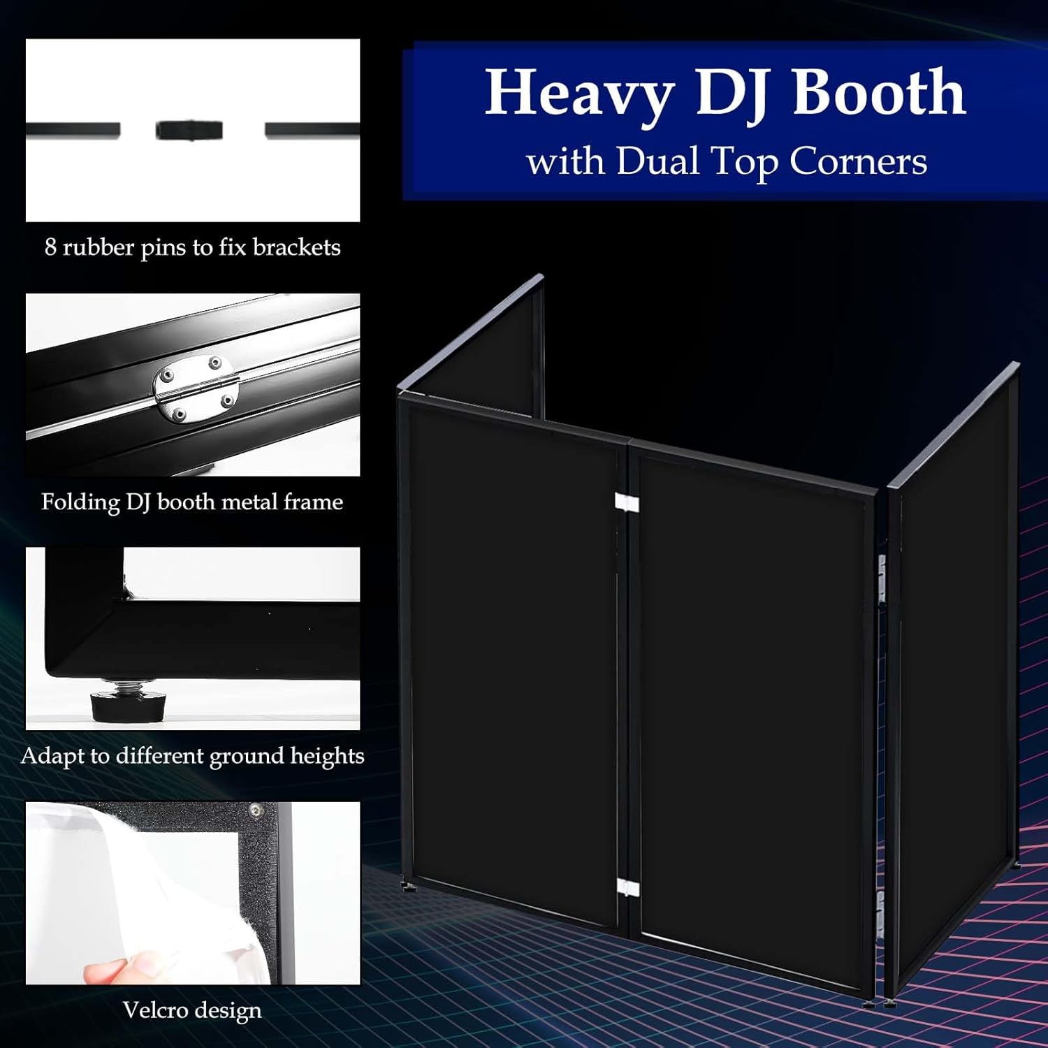 Portable DJ Booth Facade Stand, Foldable DJ Table 45"x40" Tabletop, DJ Facade Station for DJ Controller, Mixer & LaptopEvents&Parties – Includes Carry Bag&Two Metal Corner Tables