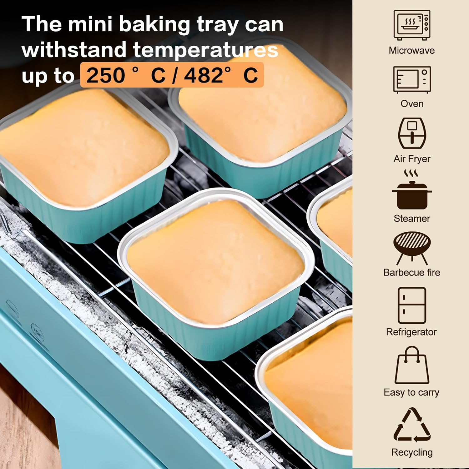 Mini Cake Pans With Lids 5oz, 50 Pack Mini Loaf Pans with Lids, Aluminum Foil Baking Cups, Disposable Square Brownie Baking Cupcake, Dessert Cups for Wedding, Birthday, Party, Picnics (Blue) - Image 5