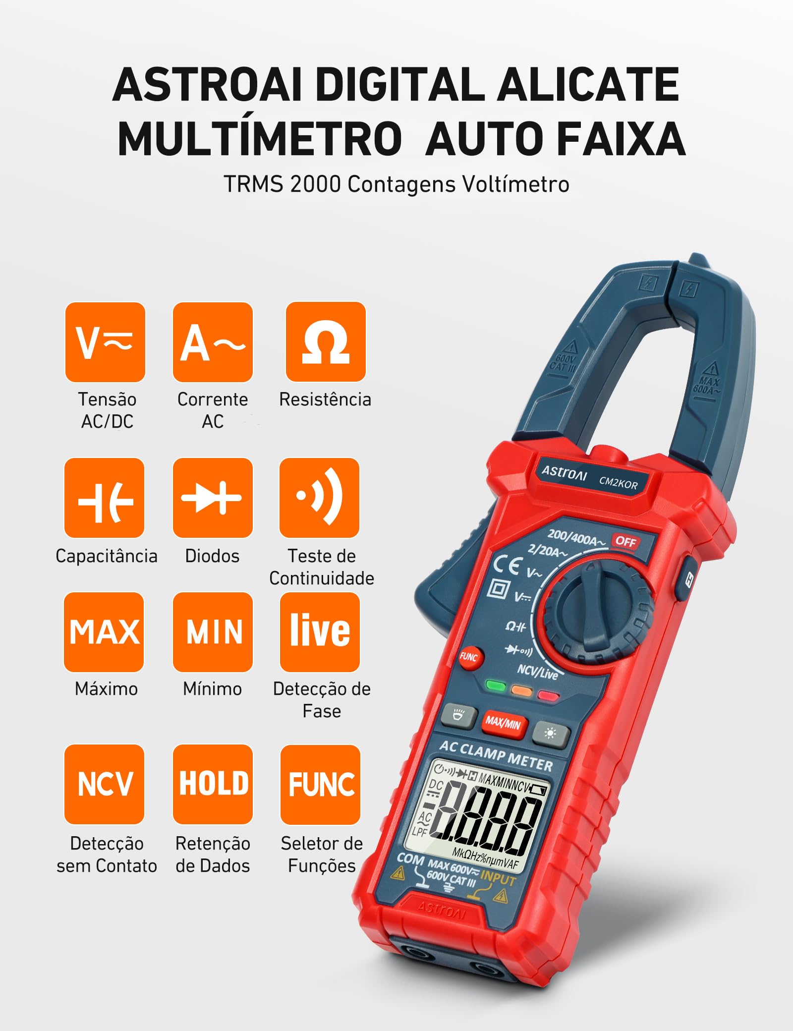 AstroAI Digital Clamp Meter Multimeter 2000 Counts Amp Voltage Tester Auto-ranging with AC/DC Voltage, AC Current, Resistance, Capacitance, Continuity, Live Wire Test, Non-contact Voltage Detection — Amazon image 2