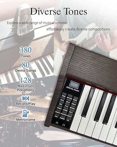 Miniatura 5 de Longeye Teclado de piano de 88 teclas, piano eléctrico de madera, piano digital semipesado para principiantes y profesionales con soporte para