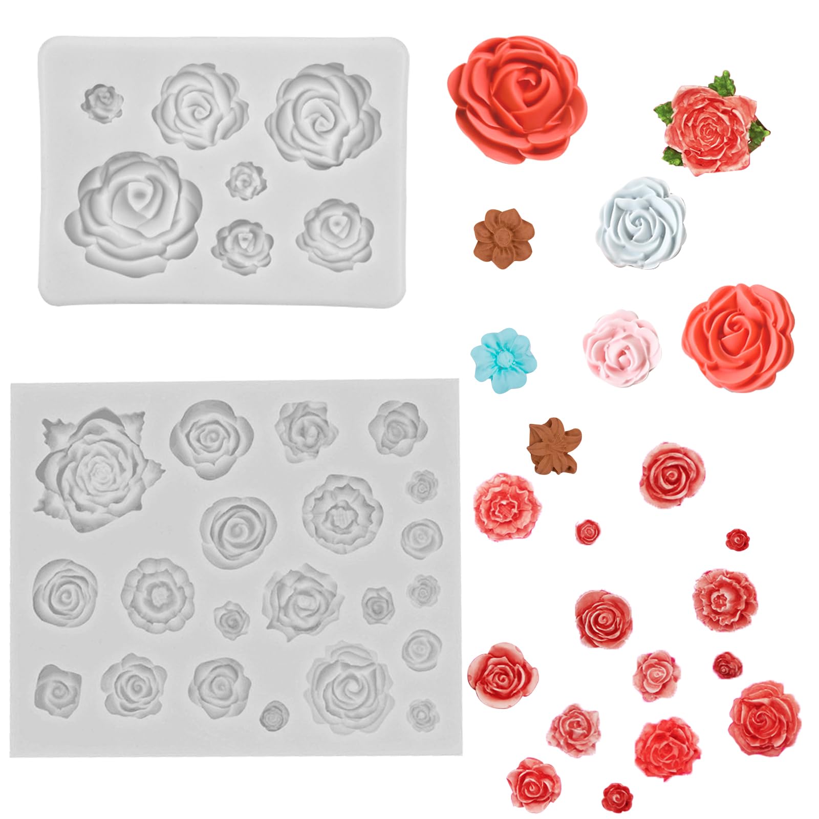 Muiltvoe 2 Pieces Flower Silicone Mold Polymer Clay Rose Flower Molds for Jewelry Making, Sugarcraft Cake Decoration, Cupcake Topper, Polymer Clay