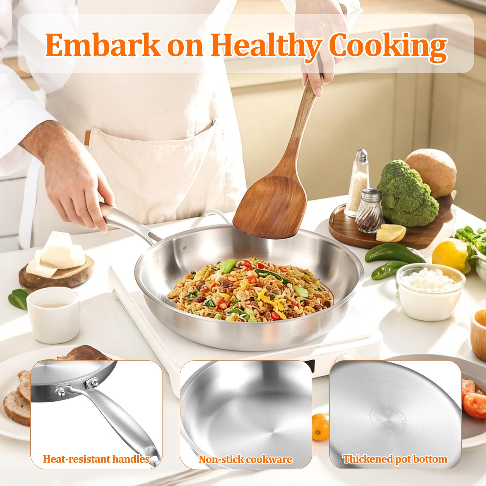 Sartén de Acero Inoxidable Triply 30cm, Sartén Sin Recubrimiento Antiadherente, Compatible con Todo Tipo de Cocinas Inducción Gas Eléctrica, Utensilio de Cocina Duradero para Familia