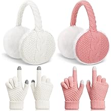 4 Pack Winter Ear Muffs with Touch Screen Gloves for Women Men Warm Lined Knit Fleece Glove for outdoor Cold Weather