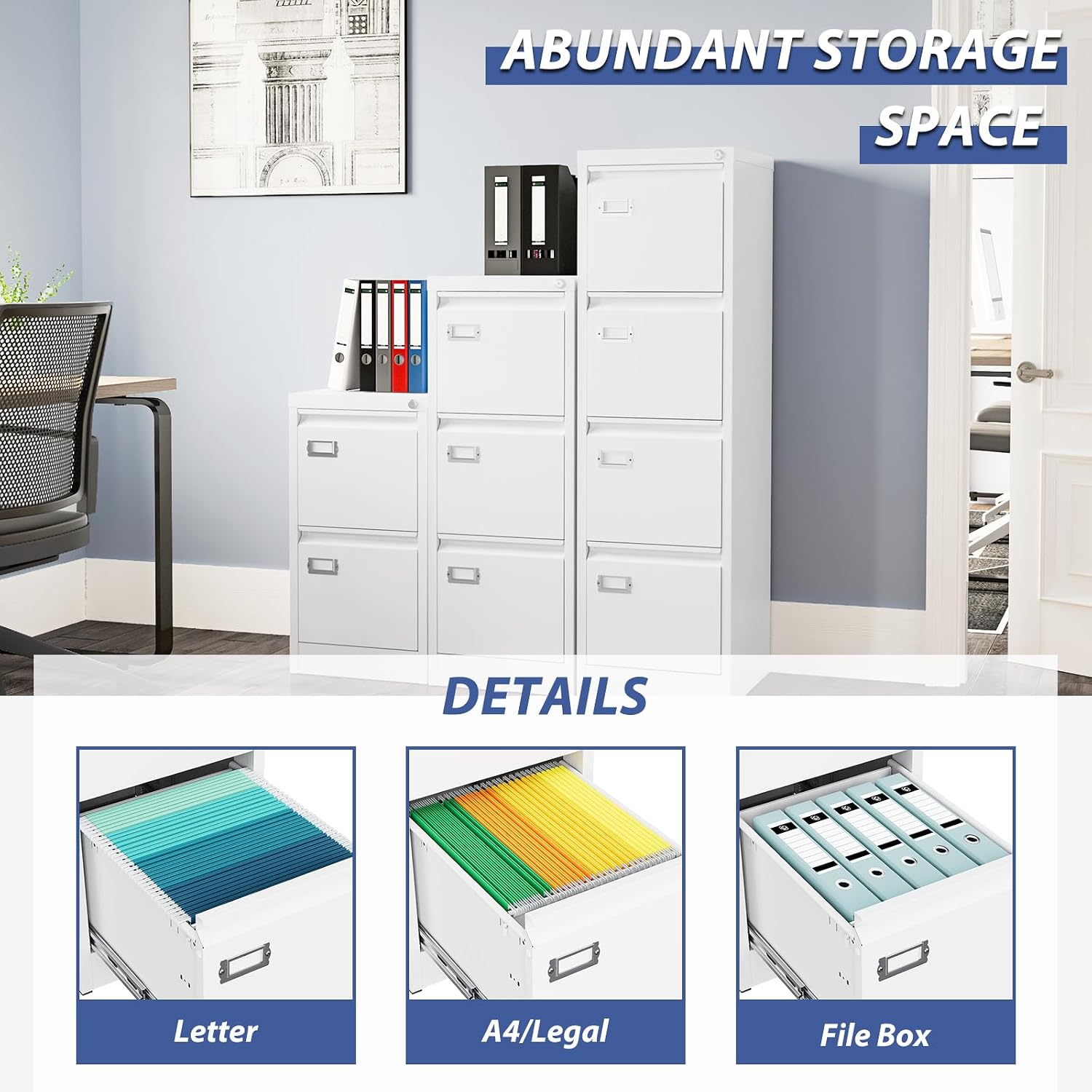 4 Drawer File Cabinet, Filing Cabinets for Home Office, Metal Vertical File Storage Cabinet with Lock, Locking File Cabinet for A4 Legal/Letter, 15" W x 17.7" D x 50.1" H, Assembly Required