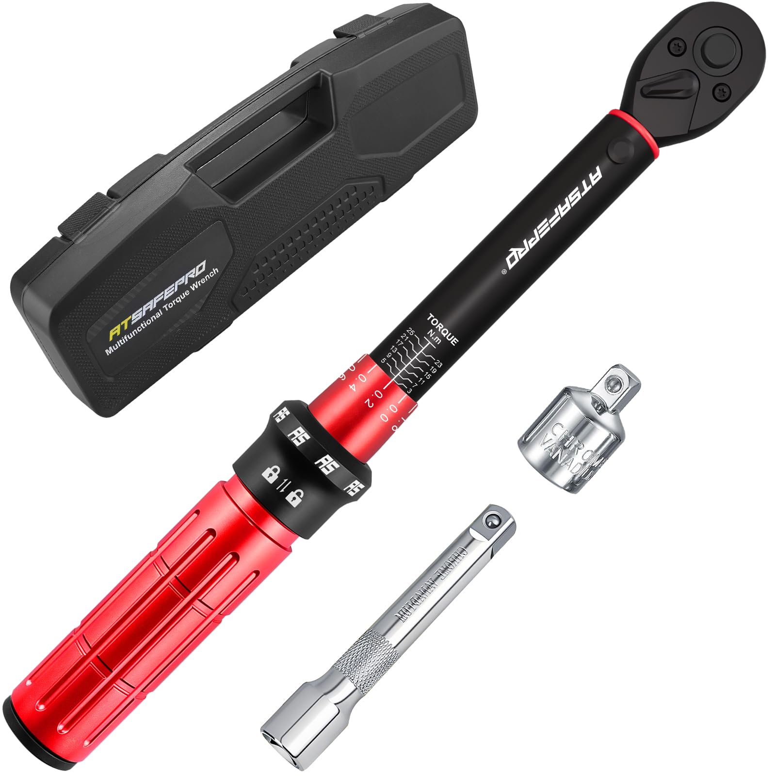 ATsafepro Llave Dinamométrica 3/8'', 3–25 Nm Llave Dinamométrica Bicicleta con Extensión de 10cm y Adaptador Reductor a 1/4" para Bicicleta y Motocicleta, Doble Sentido 72 Dientes