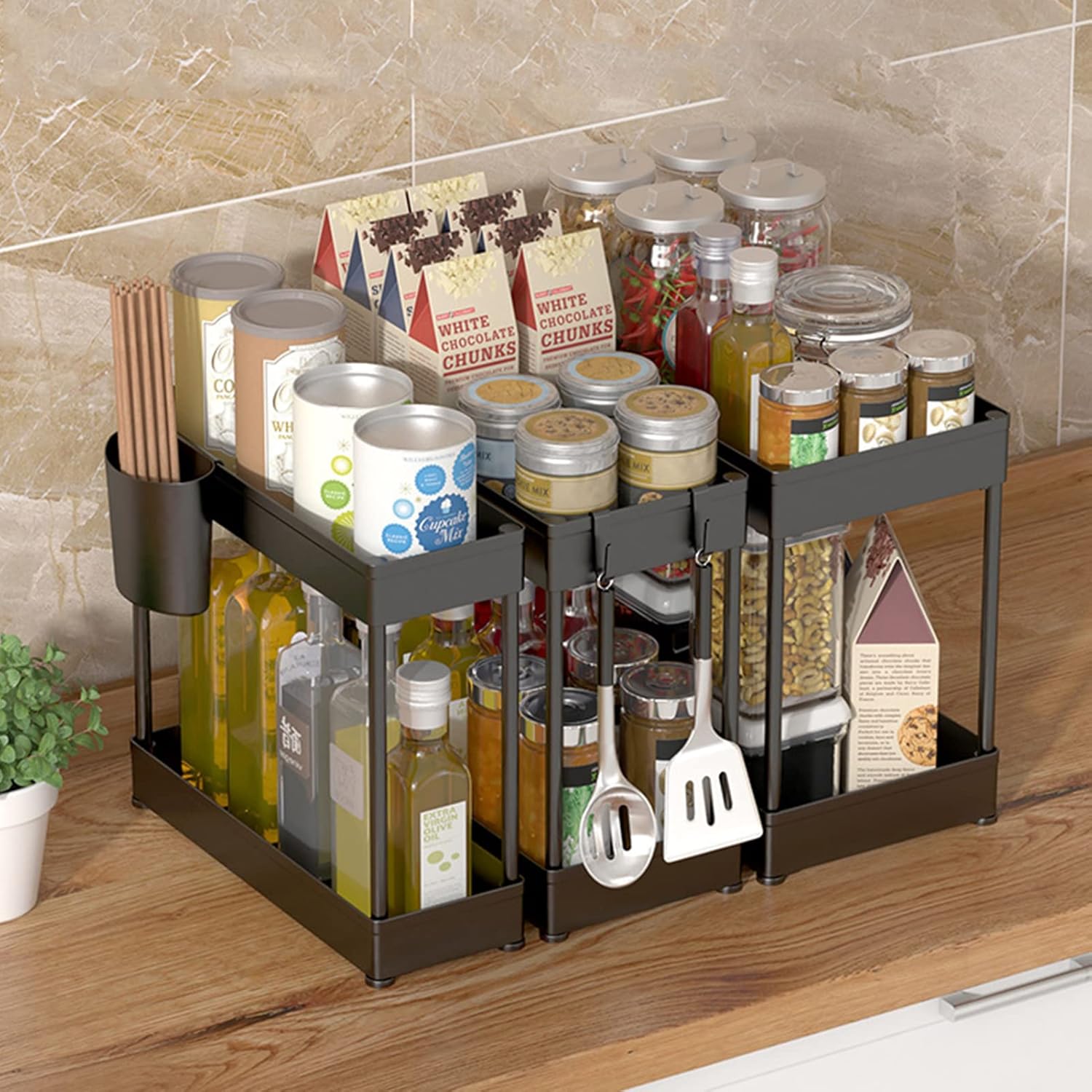 3-in-1 Under Sink Organizer, Multifunctional Kitchen Bathroom Countertop Storage Rack, Drain Rack 3-Piece Set with Hooks and Hanging Cups(Size:3 Piece Set,Color:Black) (Black 3 Piece Set)