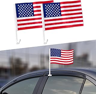 2PCS US American Car Flag with Window Clip, Car Flag Pole, 17" x 12" USA Auto Window Banner, Automotive Accessories Double Sided Vehicle Patriotic Decoration for Cars, Trucks, SUVs