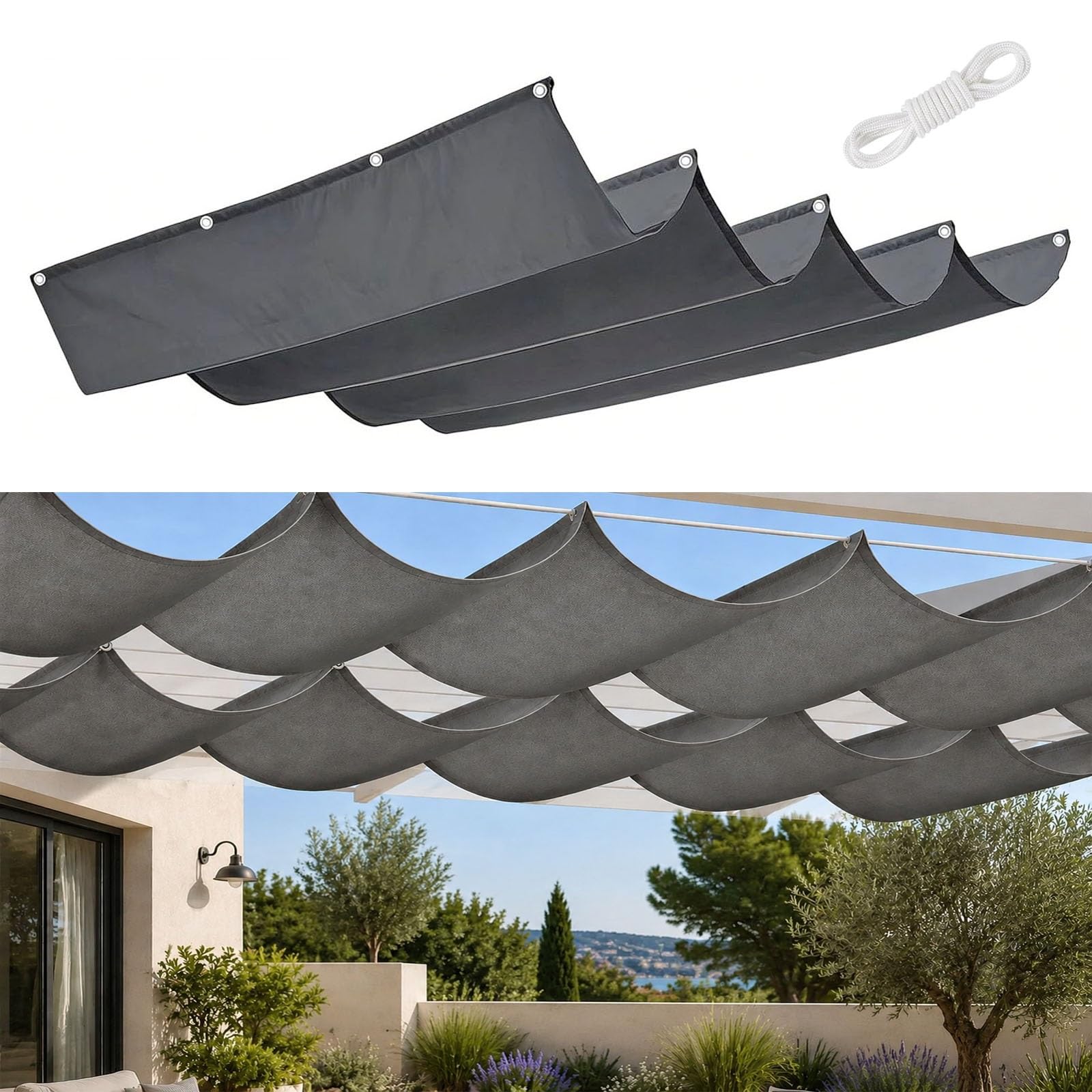 Voile d'ombrage rétractable vague anti-UV et bâche imperméable pour pergolas