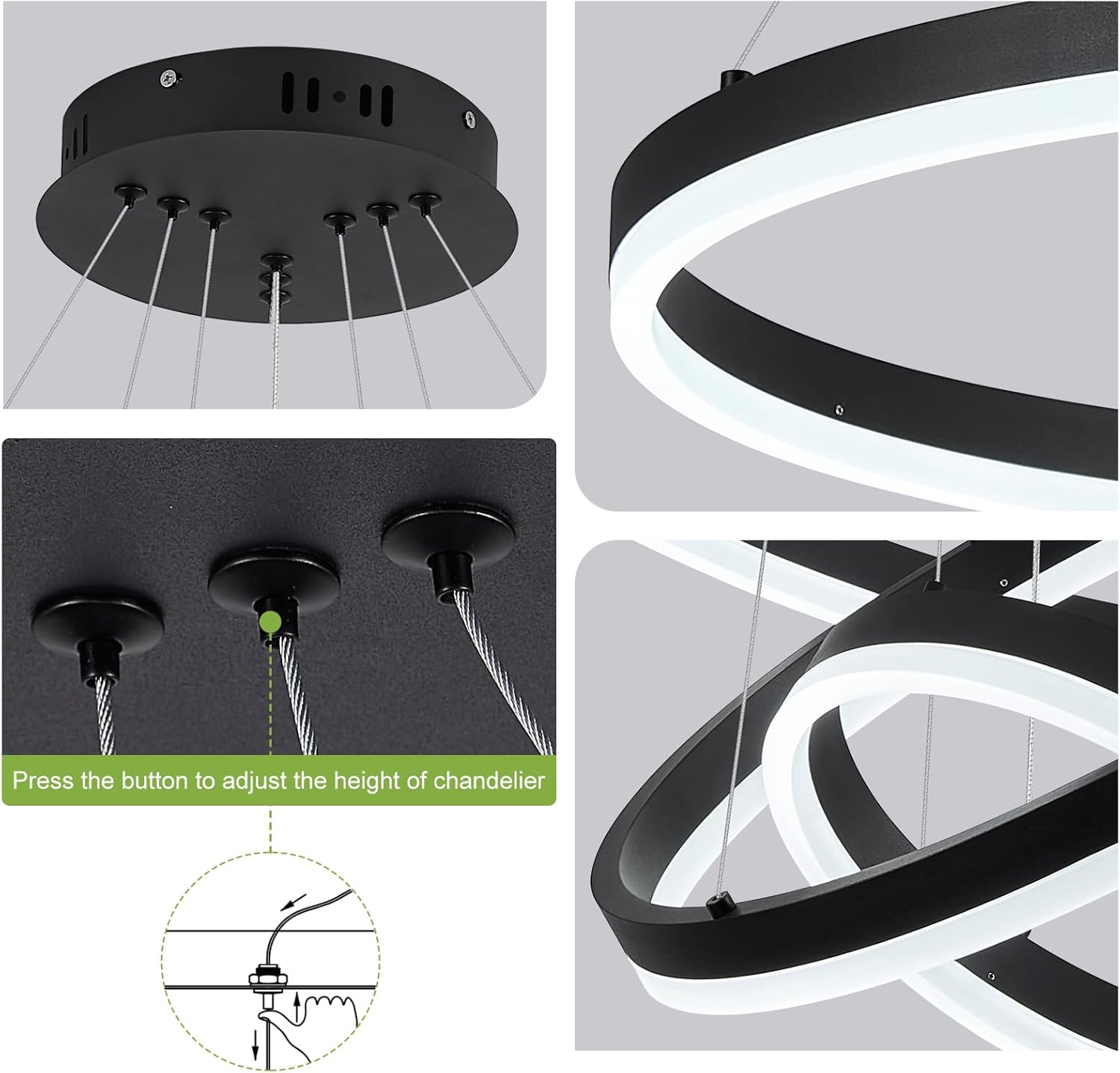 Benkut 3-Rings D23.6 Modern LED Chandelier Black Dimmable Pendant Lighting with Remote Control Circular Flush Mount High Ceiling Light for Dining Room Living Room Bedroom Entrance Foyer, 3000K-6500K