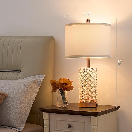 Miniatura 6 de Lámparas de mesa de cristal regulables de 3 vías con 2 puertos USB y salidas de CA para sala de estar, lámpara retro para mesita de noche, lámpara