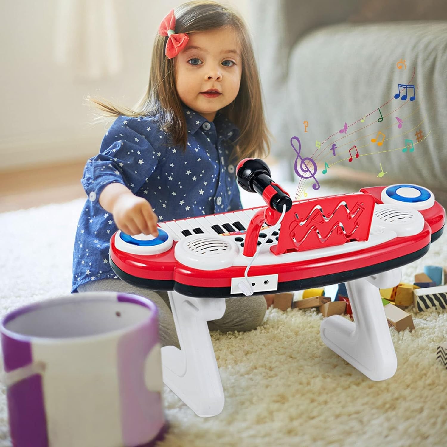 RELAX4LIFE Piano Infantil con 37 Teclas, Luces, Micrófono Ajustable, Grabación y Reproducción, Atril, 8 Estilos, 4 Percusiones, Volumen y Ritmo Regulables, Teclado Piano para Niños de 18+ Meses (Rojo)