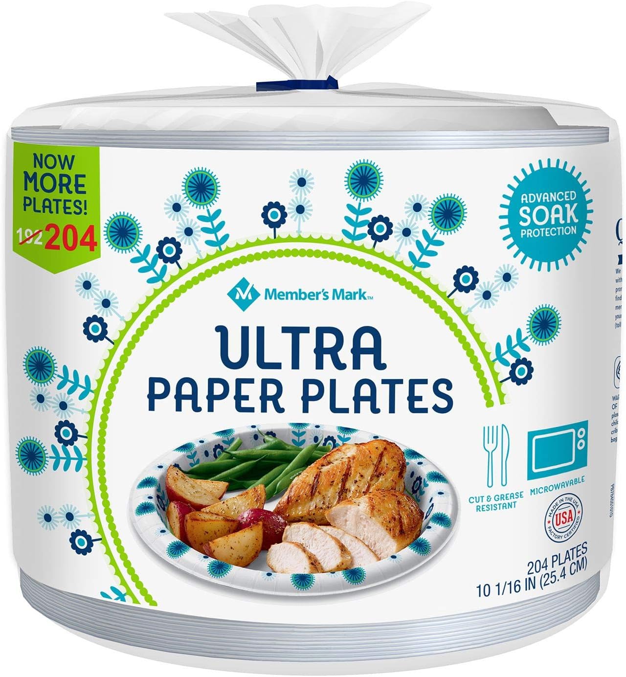 Members Mark 10 1/16 in Ultra Plates, White, Blue, Green, 204 Count