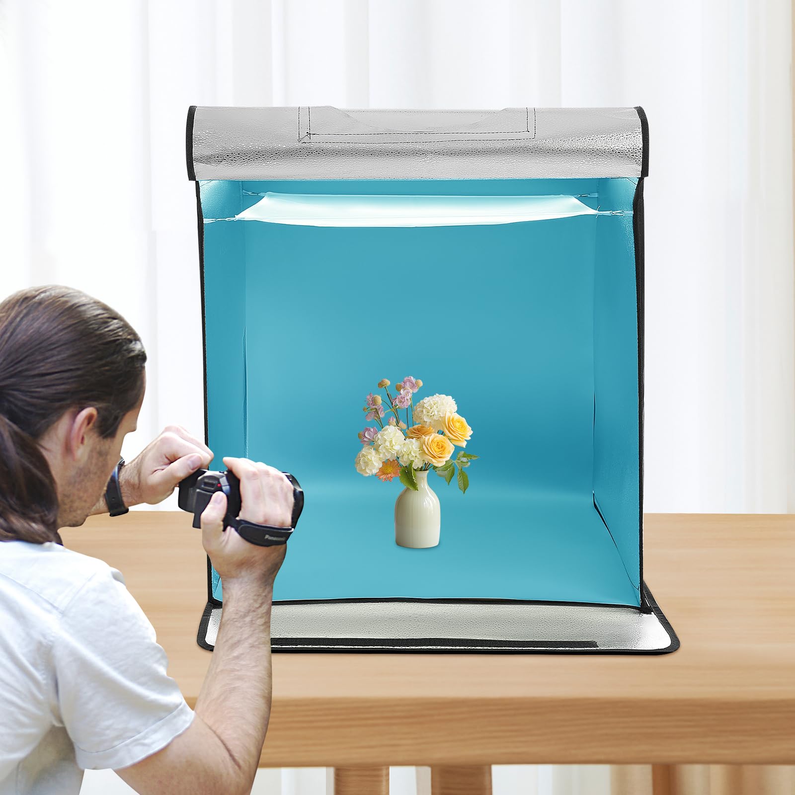 60 x 60 x 60 cm, scatola luminosa per foto, set di tende luminose, per studio fotografico, fotografia con 60 LED, 5 backdrops per studio fotografico, camera da letto, uffici