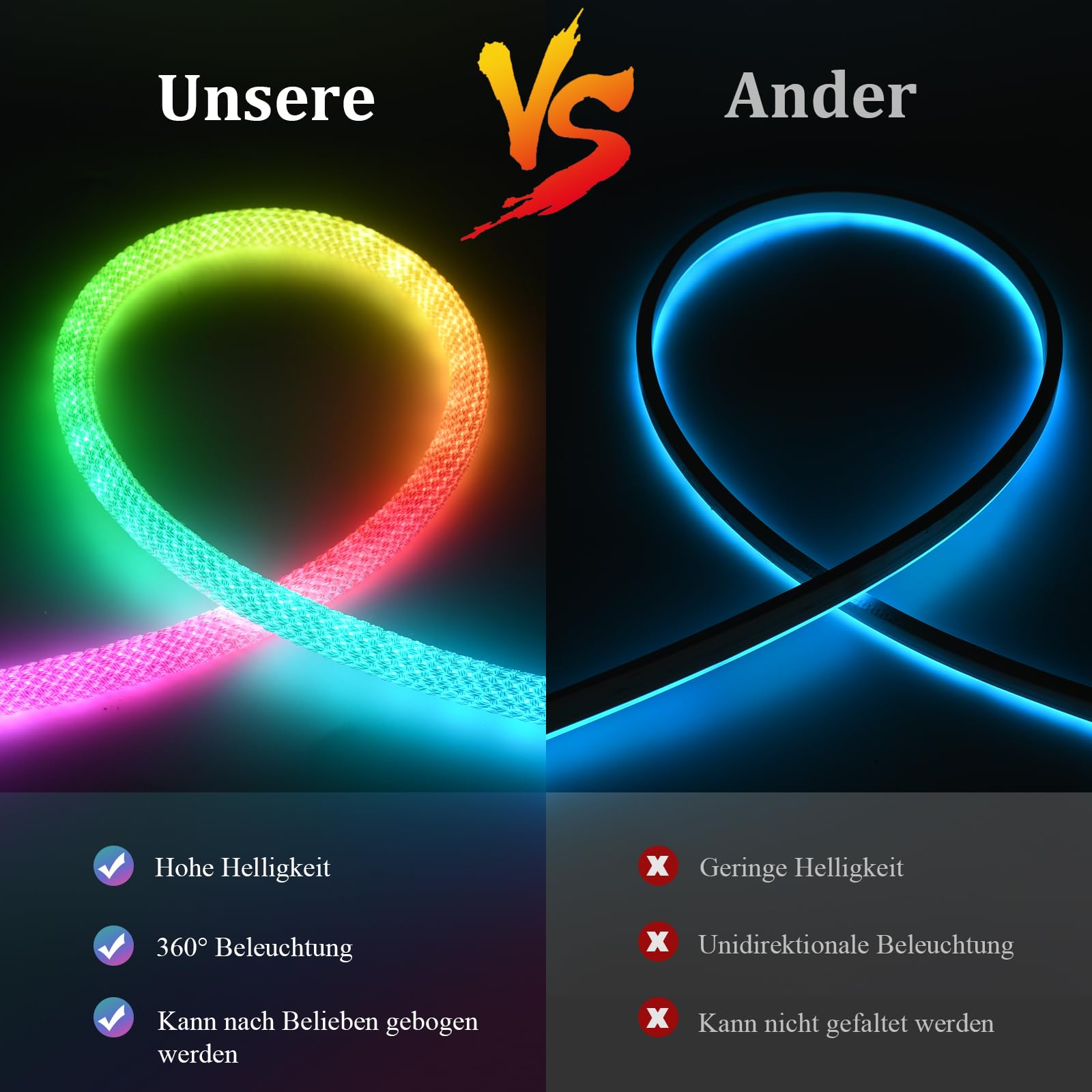 Tira LED de neón USB RGB+IC, 5 m, Bluetooth Neon LED Strip RGBIC regulable banda LED exterior IP65 resistente al agua, 50 LED/M, control por aplicación, iluminación de 360°, tira LED para exterior e