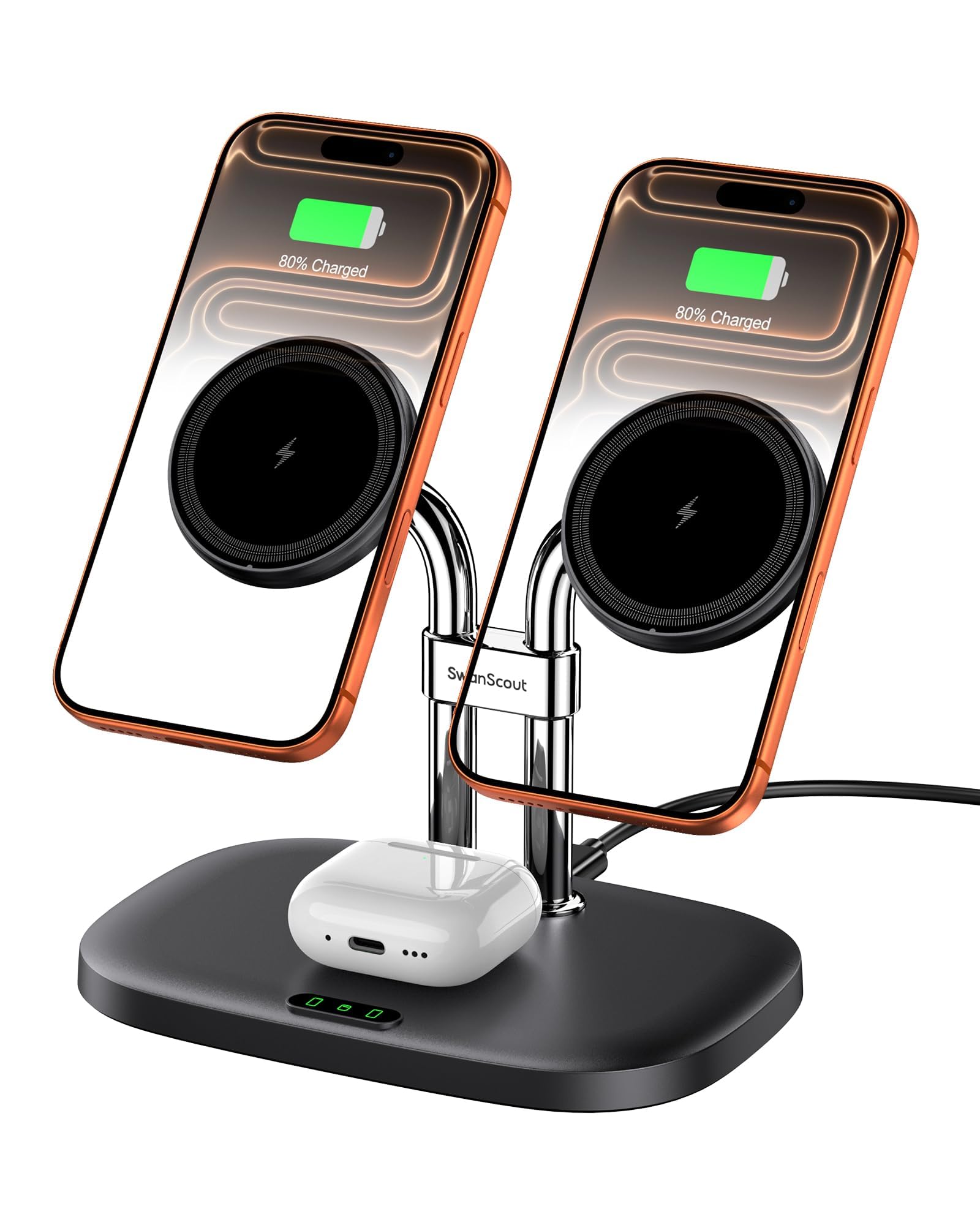 SwanScout Wireless Charger for iPhone 16 15, SwanScout 706M, Dual Magnetic Charger for iPhone 14/13/12 Series, Charging Station for AirPods Pro 2, AirPods 4/3rd (Black)