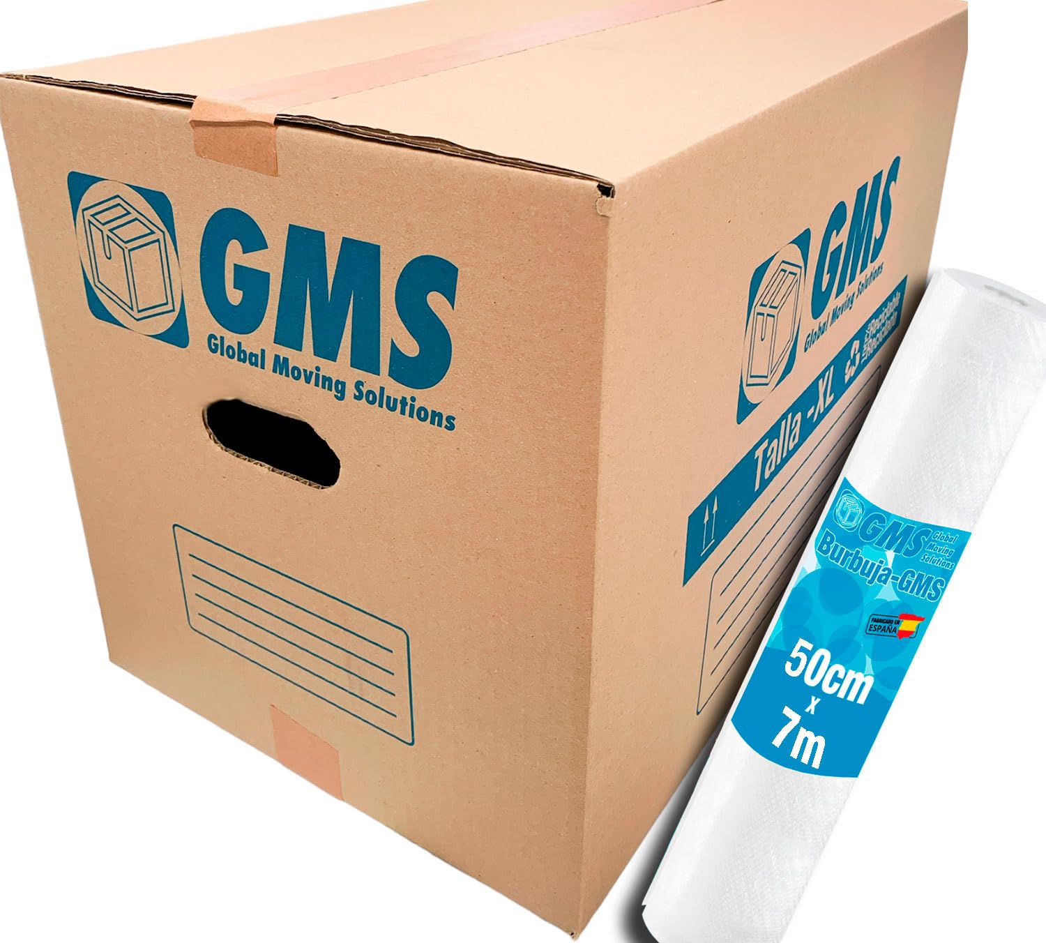GMS - 20 Cajas Cartón Mudanza 55x35x35cm Talla XL de 67L + Burbuja Para Mudanzas y Almacenaje con Asas y Con Burbuja. Cartón Alta Resistencia (20Cajas 55x35x35cm + Burbuja)