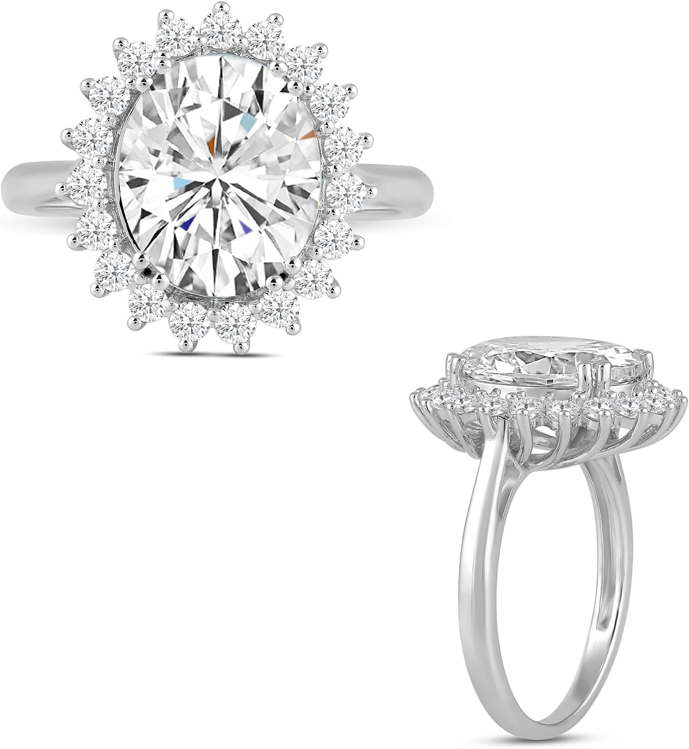 Jewelili Fine Silver Plate 12 x 10MM Center Oval Cut and Round Cut Sparkling White Cubic Zirconia Halo Flower Engagement Ring